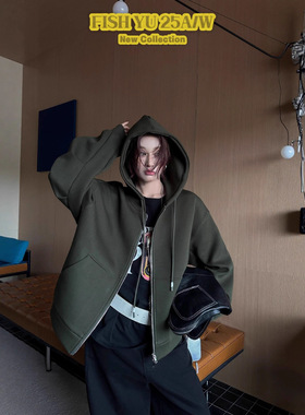 FISHYU十三行早秋新款高街重磅双头拉链连帽净版卫衣外套女625529