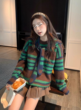 ME KAKAMEE十三行冬韩系慵懒撞色条纹宽松毛衣(配帽子披肩)