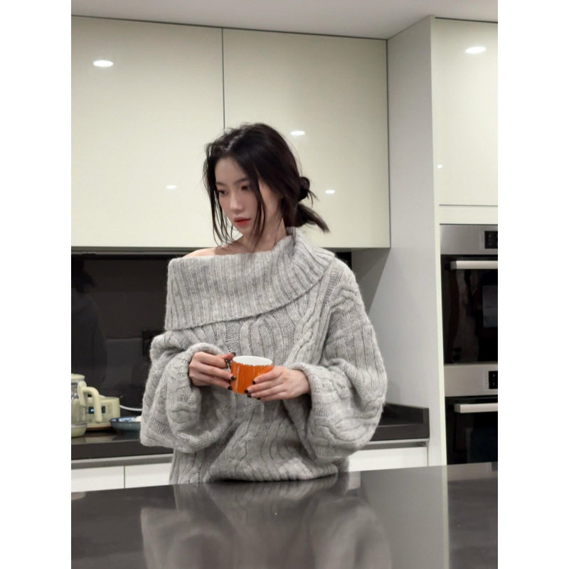 秋冬新款法式慵懒大宽松一字领绞花套头毛衣女时髦复古针织衫