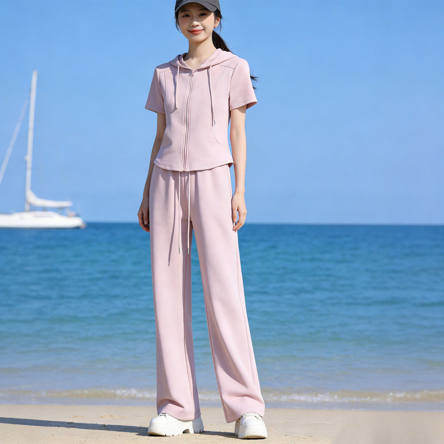设计感瘦身气质休闲套装女夏新款拉链抽绳开衫连帽上衣阔腿裤套装