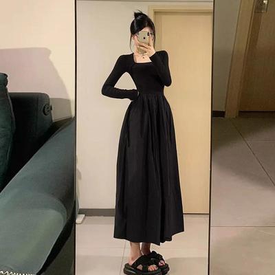 法式茶歇黑色长袖连衣裙子女夏2025春秋新款高级感赫本风收腰长裙