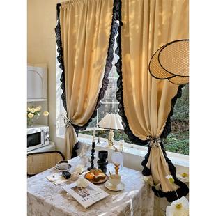 法式 赫本复古风黑色荷叶边遮光窗帘高精密成品隔断半帘宿舍小窗帘