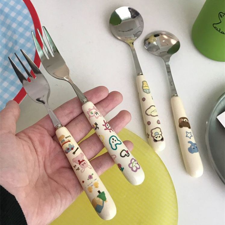 ins童趣涂鸦勺子叉子套装陶瓷手柄儿童吃饭勺食品级304不锈钢勺子