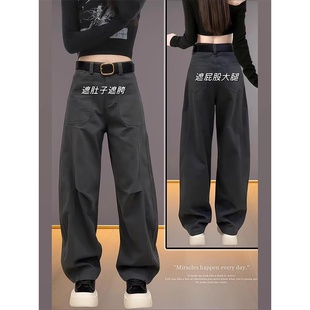 秋季 女梨形身材大码 高腰弯刀牛仔裤 款 胖mm宽松显瘦窄版 工装