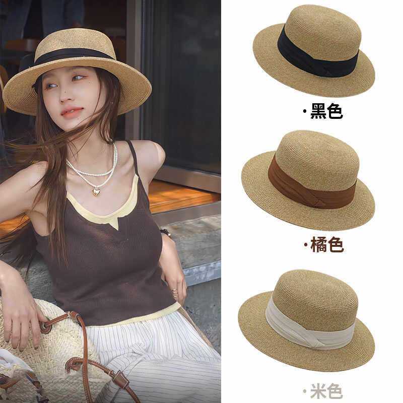日系uv夏季防晒草帽女平顶遮阳时尚沙滩帽平优雅绑带草编小礼帽子