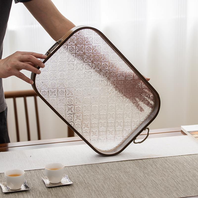 复古海棠玻璃木托盘家用长方形茶盘桌面水杯收纳胡桃色点心小吃盘