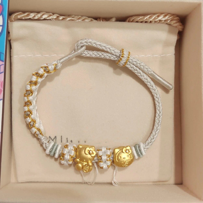 正品足金999hello kitty千万两黄金KT猫蝴蝶结送老婆七夕礼手绳