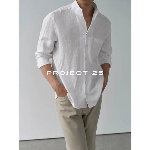 PROJECT 25 100%亚麻透气意式立领松驰慵懒宽松运动长袖T恤衬衫