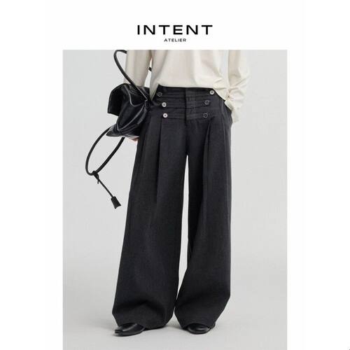 INTENT 拿破仑排扣西裤高腰线A字阔腿解构褶位宽松筋骨感休闲长裤
