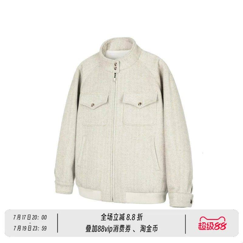 羊毛混纺单面尼人字纹哈灵顿 翻领立领夹克外套