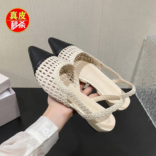 意尔康真皮编织镂空尖头包头凉鞋
