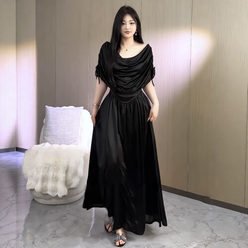 大码女装胖mm法式高级感一字肩荡领连衣裙2025夏季显瘦气质长裙子