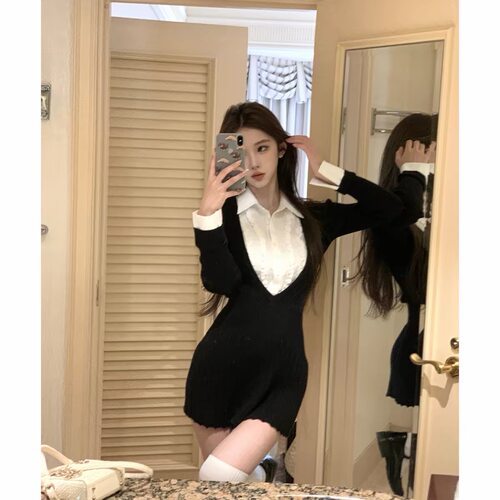 JMSHOP 纽约艺高 针织连衣裙女内搭裙假两件拼接衬衫领裙子百褶裙