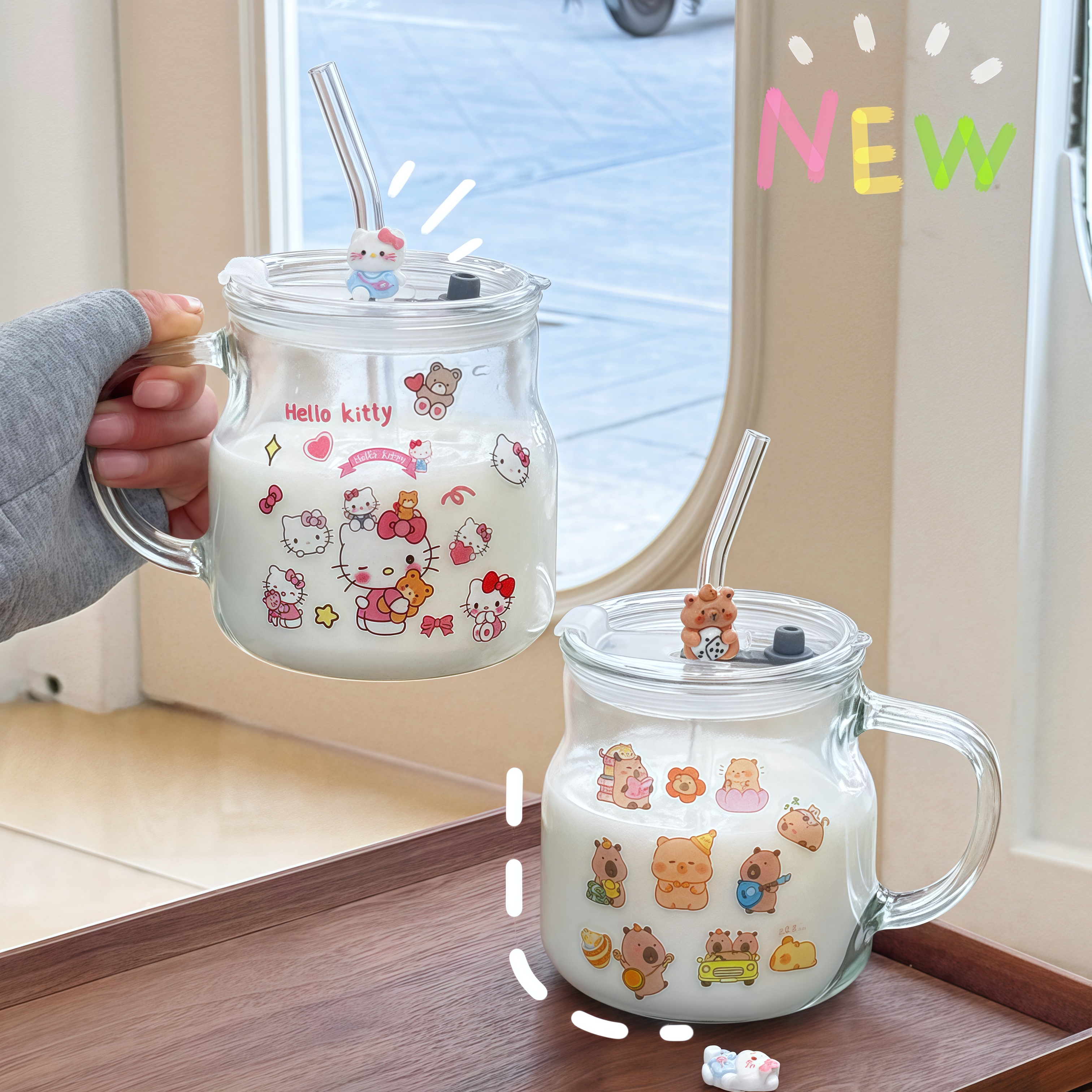 大容量带盖把手便携玻璃杯