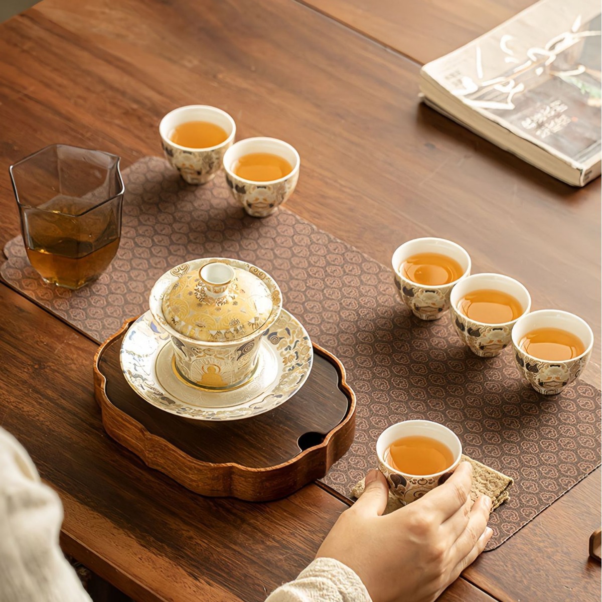 陈德生老师白唐卡盖碗茶杯功夫茶具套装整套金银错防烫伴手