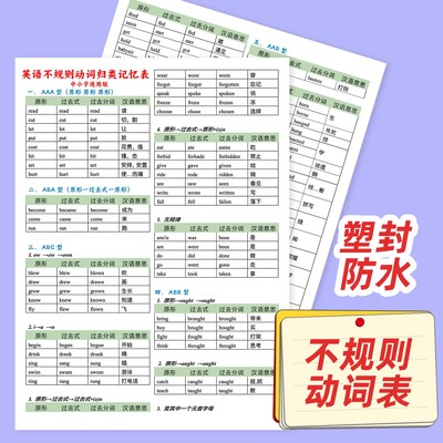小学初高中英语不规则动词表过去式过去分词时态变化记忆背诵卡片