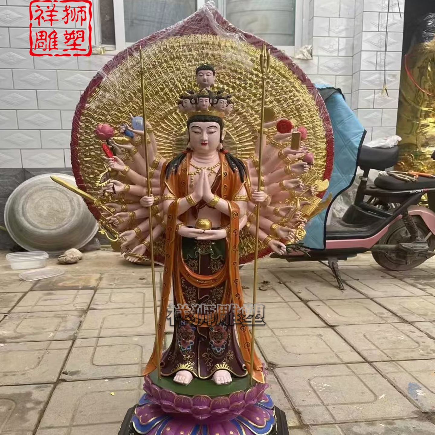 纯铜彩绘千手观音佛像摆件定制