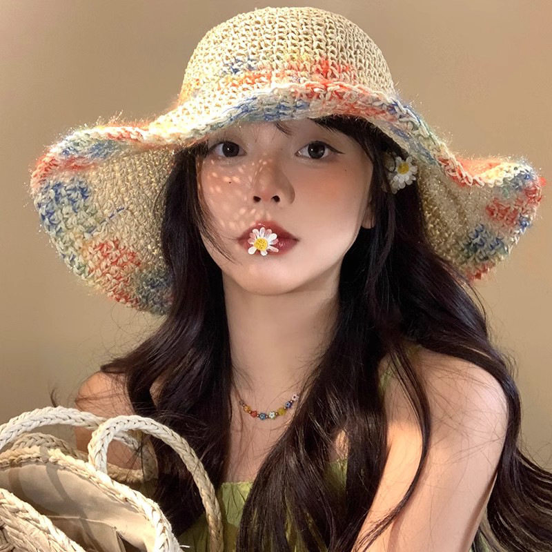 彩色编织女夏海边度假防晒帽草帽透气镂空显大帽檐帽子甜美甜妹