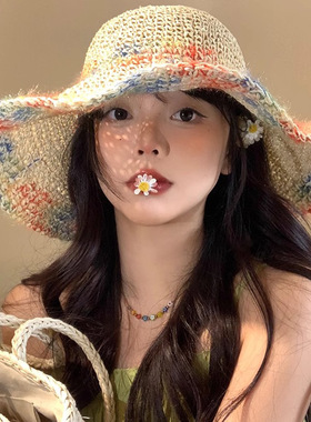 彩色编织女夏海边度假防晒帽草帽透气镂空显大帽檐帽子甜美甜妹