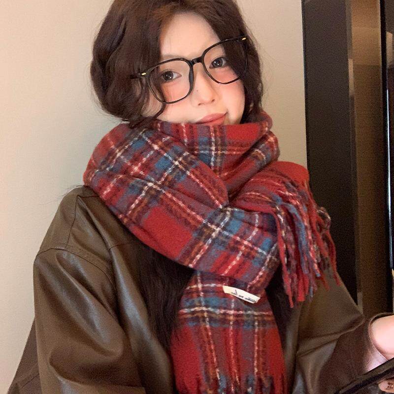 围巾保暖韩版女格子围脖百搭披肩情侣学生日系双面格纹秋冬季加厚
