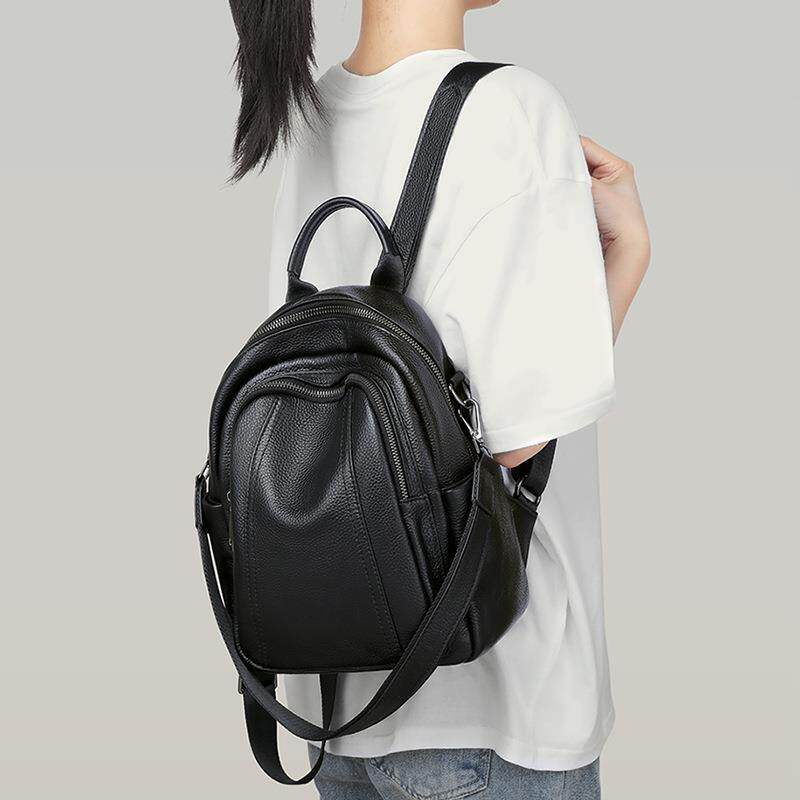 双肩包女简约大容量轻便旅行背包百搭书包韩版妈妈包黑色潮流真皮