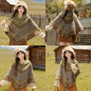 森女部落民族风连帽披肩女2025新款 外套 秋提花流苏复古宽松针织衫