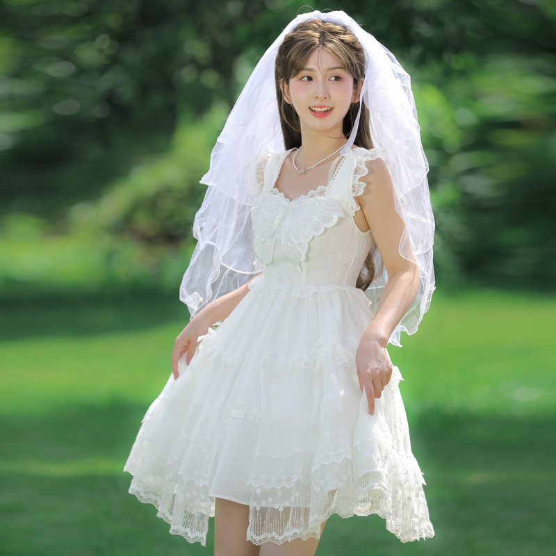 森女部落原创法式轻婚纱毕业季小白裙轻lo连衣裙2025年夏季新款女