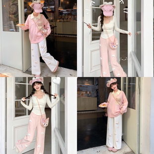 秋冬百搭加绒休闲裤 森女部落甜美风猫咪刺绣宽松高腰阔腿裤 女新款