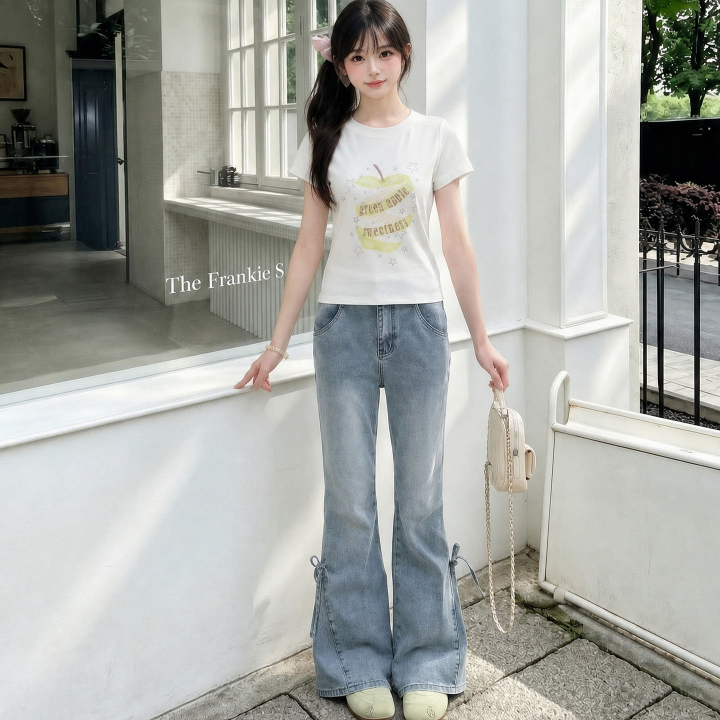 森女部落旗舰店白色正肩短袖t恤女2026青苹果印花透气圆领上衣夏图片