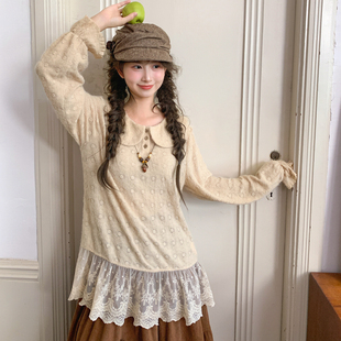 百搭上衣 蕾丝下摆设计感打底衫 森女部落森系娃娃领长袖 T恤女新款