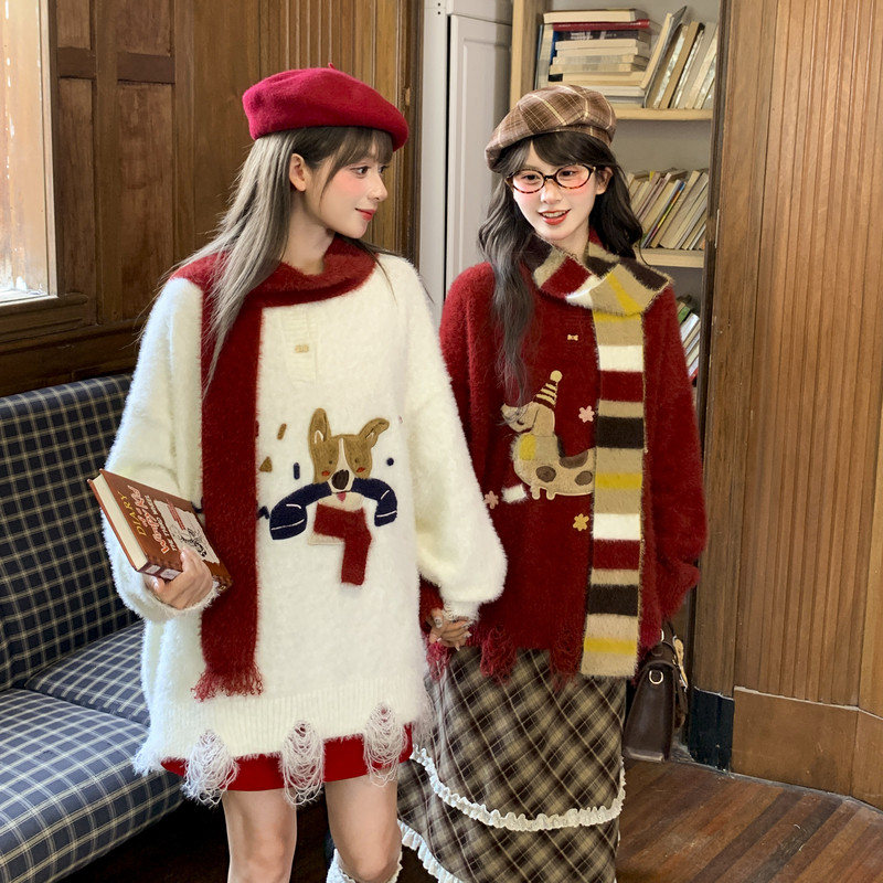 森女部落甜美风可爱刺绣套头毛衣女2025新款秋季设计感宽松针织衫