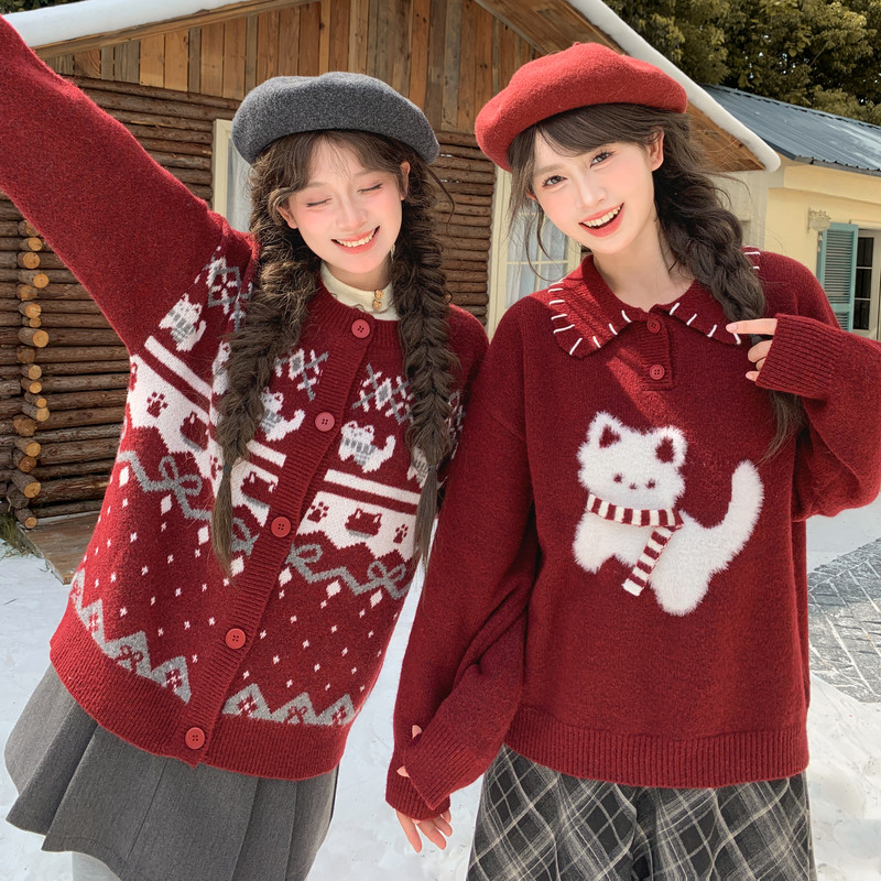 森女部落甜美风猫咪刺绣百搭圆领针织衫女2025秋冬设计感宽松毛衣