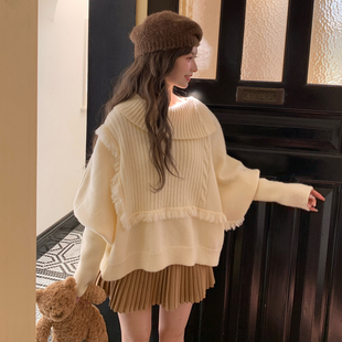 森女部落甜美风不规则翻领套头针织衫 设计感宽松毛衣冬 女2025新款