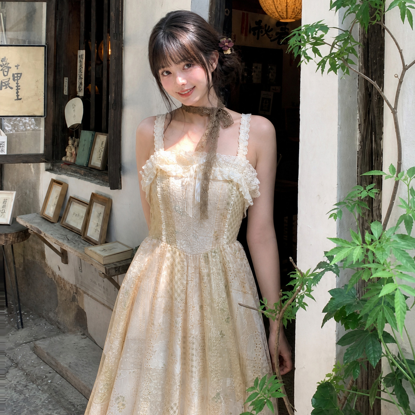 森女部落旗舰店吊带裙高腰甜美夏A型无袖蕾丝减龄仙女连衣裙