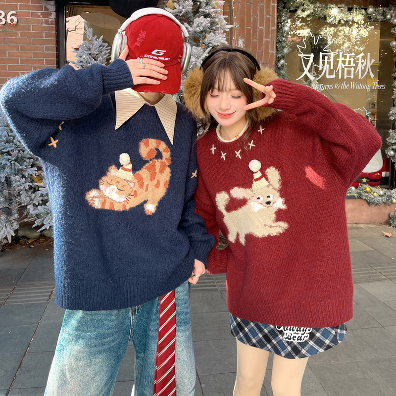 森女部落甜美风圣诞刺绣套头毛衣女2025新款显白宽松显瘦针织衫冬