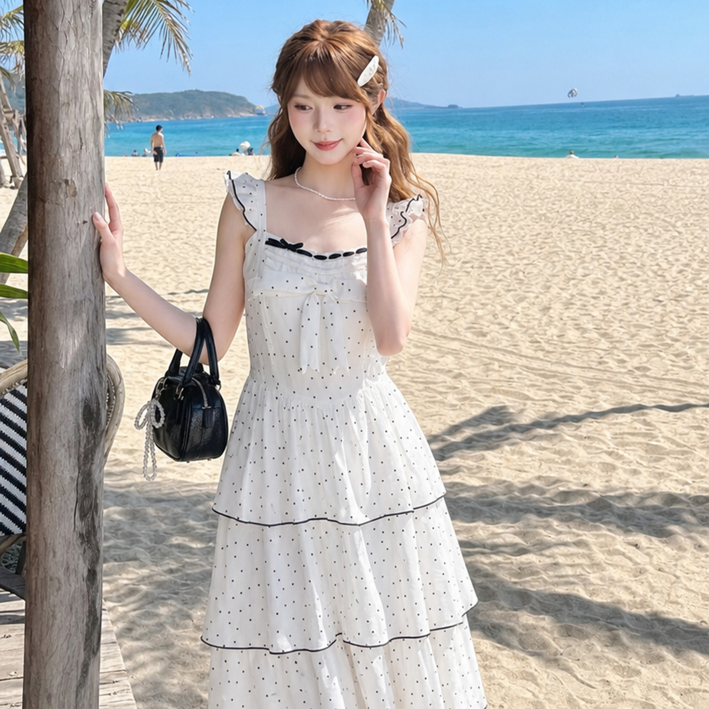 森女部落甜美白色波点连衣裙女2026新款无袖吊带收腰长款蛋糕裙夏