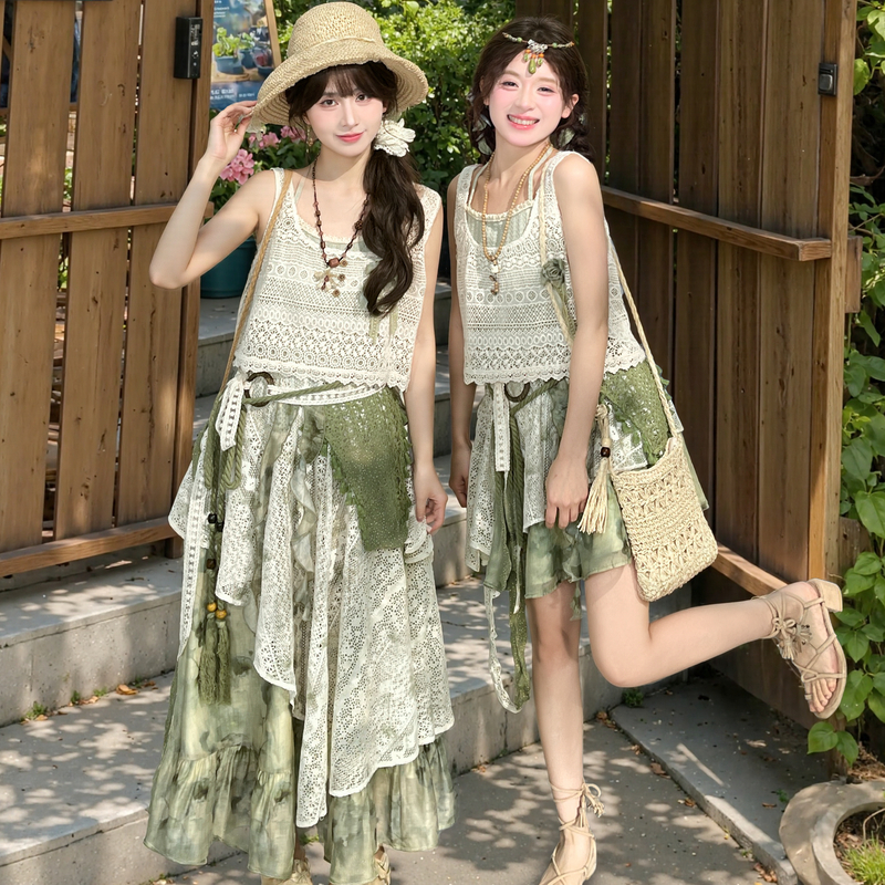 森女部落原创设计感蕾丝拼接度假风套装裙子2025年夏季新款女