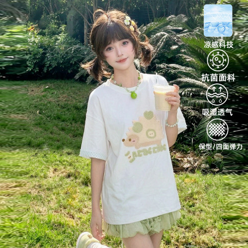 森女部落软妹风刺猬毛巾绣宽松短袖T恤女2026新款元气宽松上衣夏