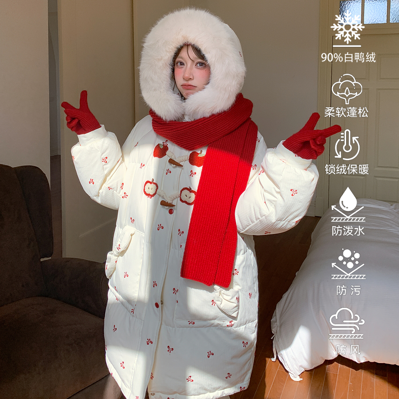 森女部落甜美风苹果刺绣连帽羽绒服女90白鸭绒保暖三防宽松外套冬