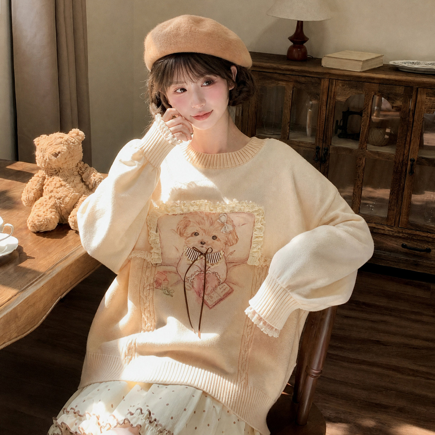 森女部落小狗杏色毛衣女甜美针织上衣2026秋季新款百搭休闲上衣