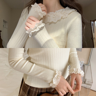 T恤女冬季 坑条纹长袖 内搭 新款 森女部落甜美风蕾丝花边拼接打底衫