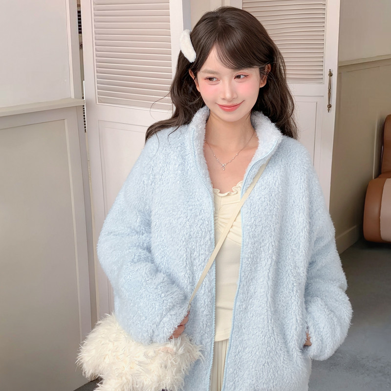 森女部落甜美风百搭纯色保暖毛绒外套女2025新款宽松显瘦绒衫冬季