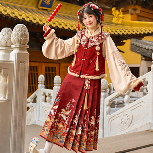 森女部落马年新年拜年套装 红色国风汉服改良明制马甲冬 女2025新款