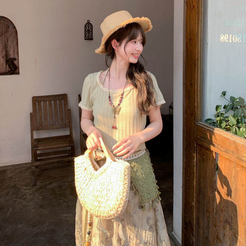 森女部落森系蕾丝花边拼接挂脖短袖T恤上衣短款纯色夏季2025新款