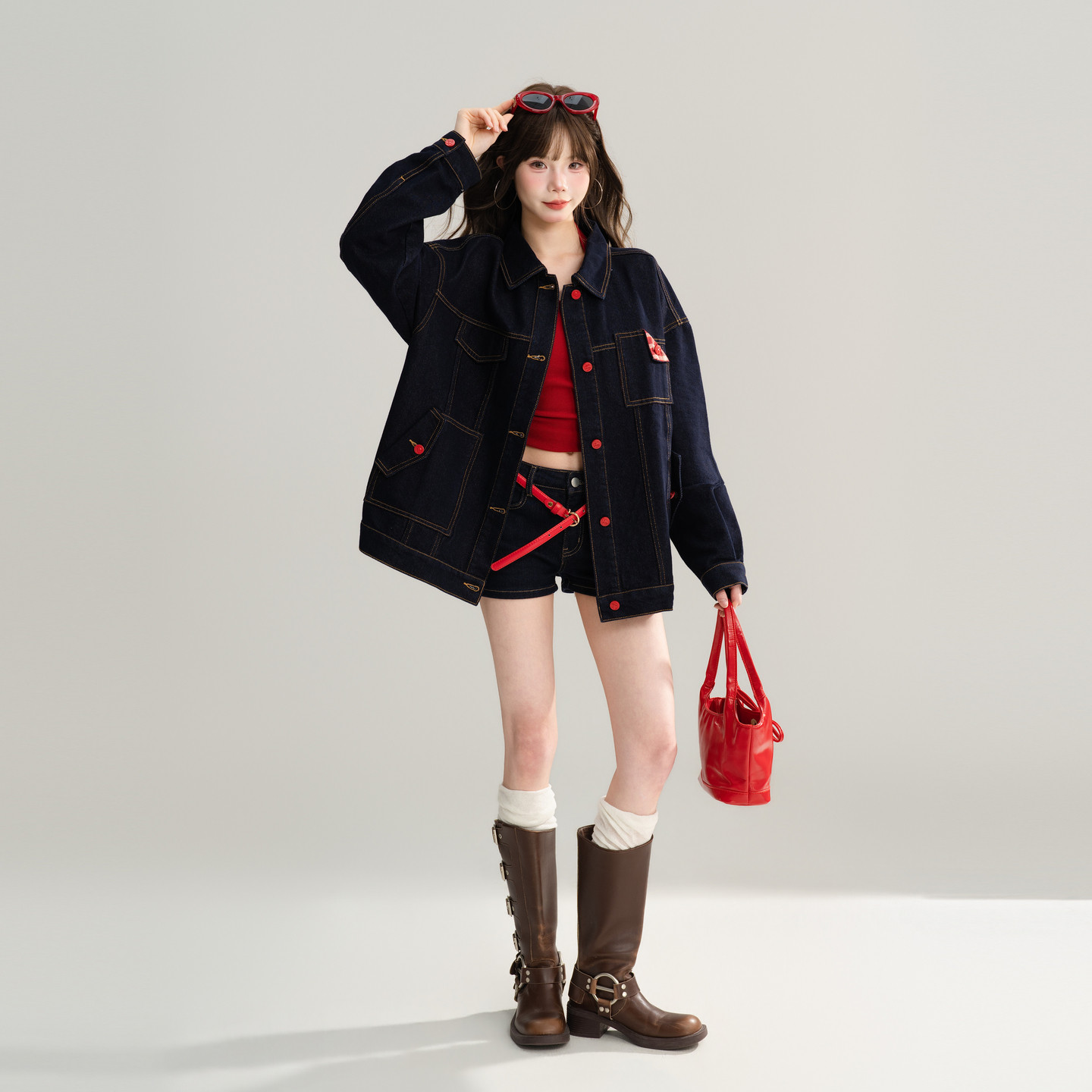 森女部落甜趣牛仔外套女2026新款深色翻领撞色设计感宽松上衣秋