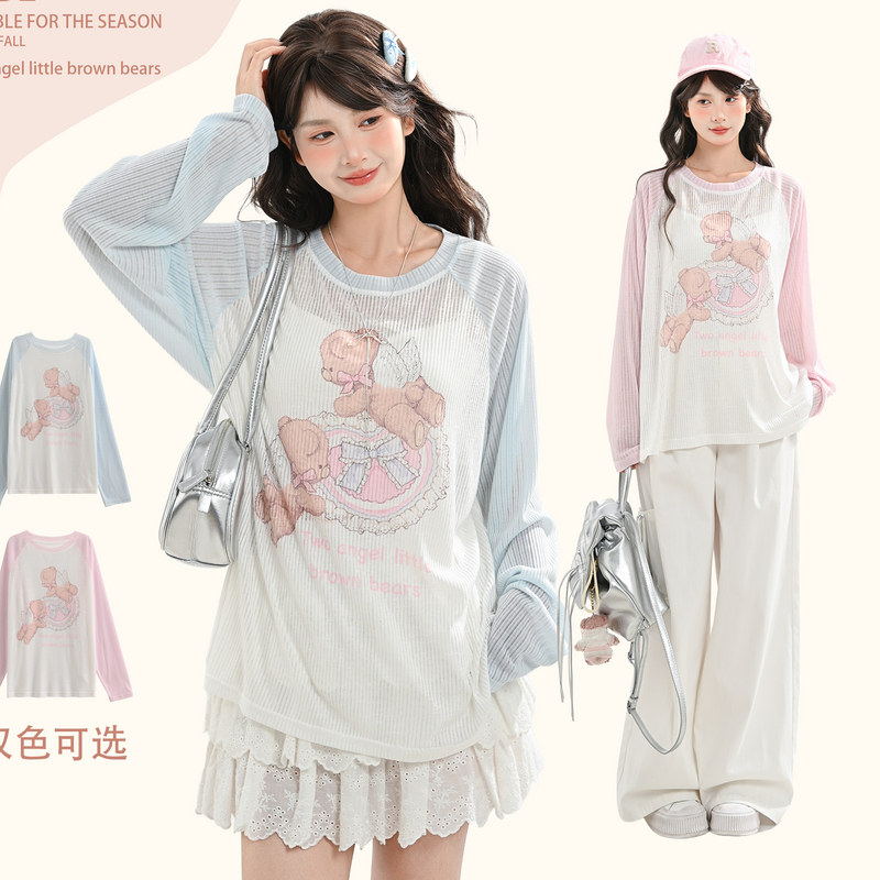 森女部落甜美可爱小熊印花宽松上衣女薄款百搭长袖T恤2025新款秋