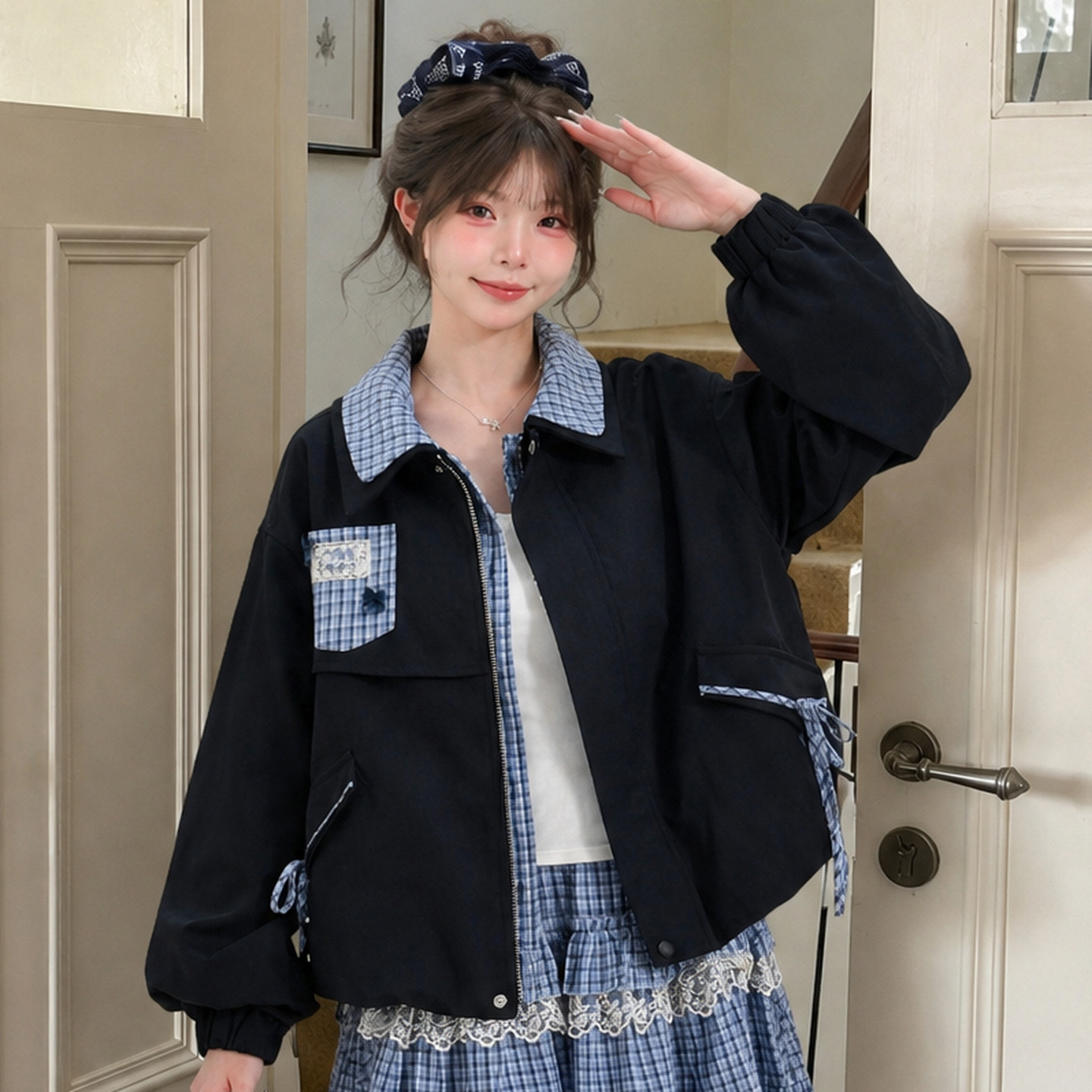 森女部落深蓝色假两件翻领外套女新款格子拼接设计感宽松外套秋季
