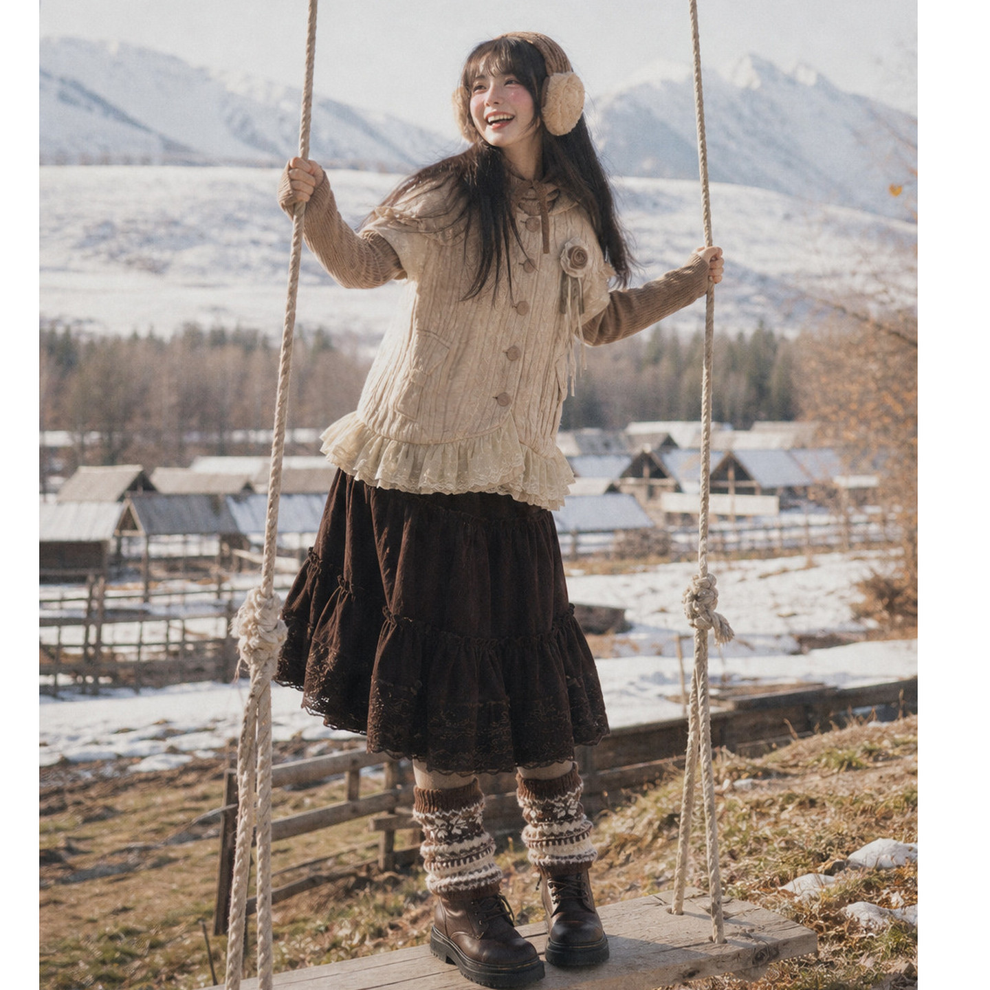 森女部落古早风连帽马甲加绒外套女玫瑰花朵假两件长袖上衣秋季