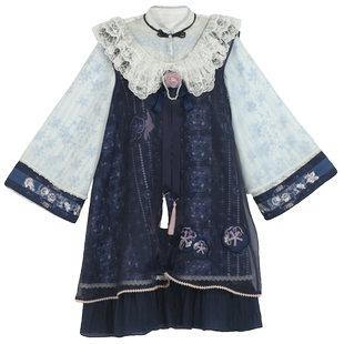 青花瓷森女部落原创日常风娃娃裙对襟衫汉洋折衷叠穿新中式连衣裙