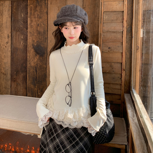 T恤女冬季 长袖 修身 森女部落百搭立领蕾丝拼接不规则设计感打底衫